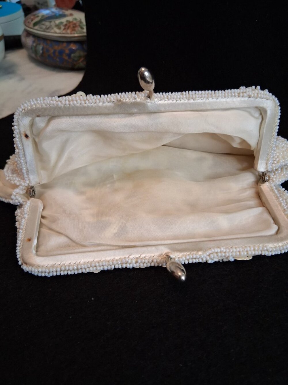 Vintage 1950s Hand Beaded Sequin Kiss Lock Clutch Evening Bag Ivory Cream Bridal - Picture 5 of 9